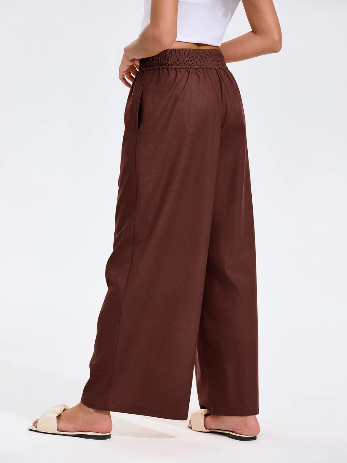 Les umes Womens Linen Wide Leg Pants Elastic Waist Cotton Loose Casual Baggy Trousers with Pockets
