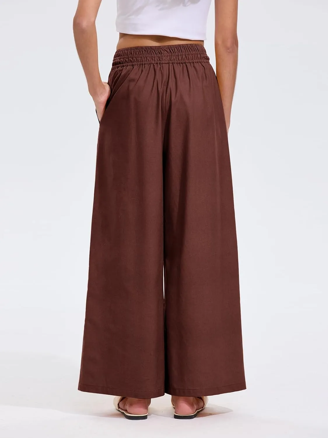 Les umes Womens Linen Wide Leg Pants Elastic Waist Cotton Loose Casual Baggy Trousers with Pockets