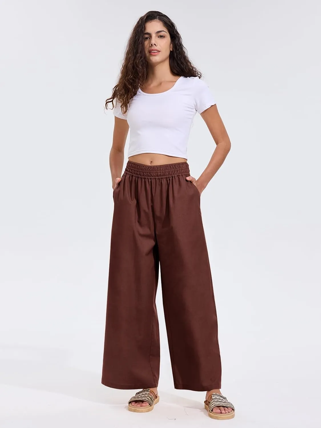 Les umes Womens Linen Wide Leg Pants Elastic Waist Cotton Loose Casual Baggy Trousers with Pockets