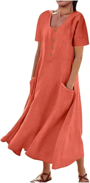Linen Dress for Women Loose Short Sleeve Button Down Maxi Sundress Summer Comfy Solid Color Ruffle Flowy Dresses