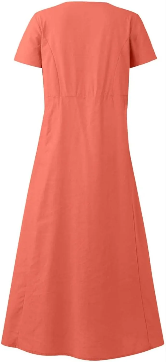 Linen Dress for Women Loose Short Sleeve Button Down Maxi Sundress Summer Comfy Solid Color Ruffle Flowy Dresses