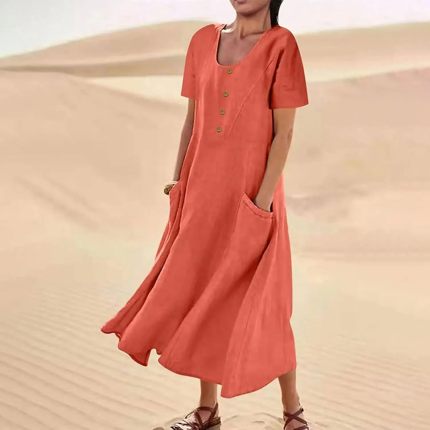 Linen Dress for Women Loose Short Sleeve Button Down Maxi Sundress Summer Comfy Solid Color Ruffle Flowy Dresses