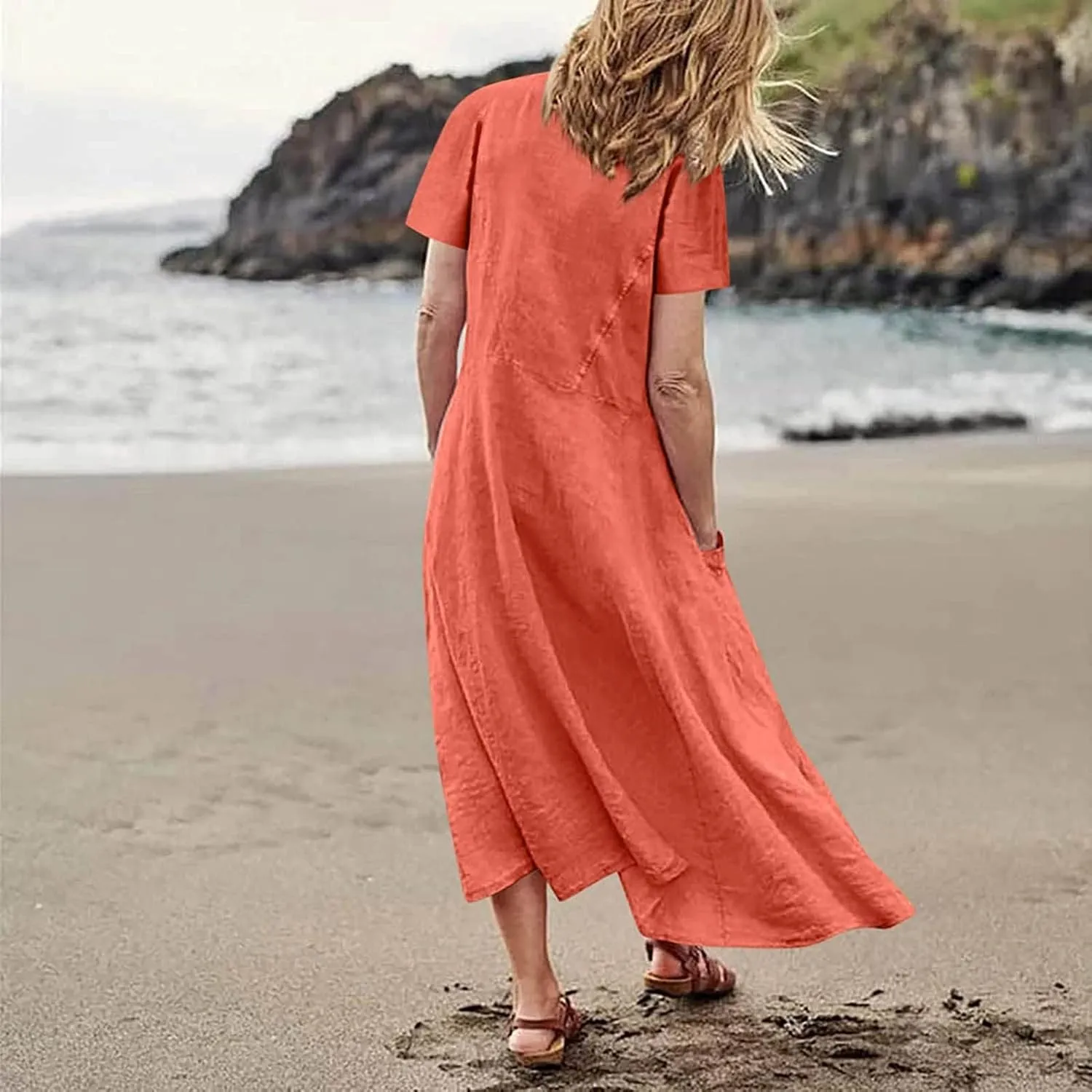 Linen Dress for Women Loose Short Sleeve Button Down Maxi Sundress Summer Comfy Solid Color Ruffle Flowy Dresses