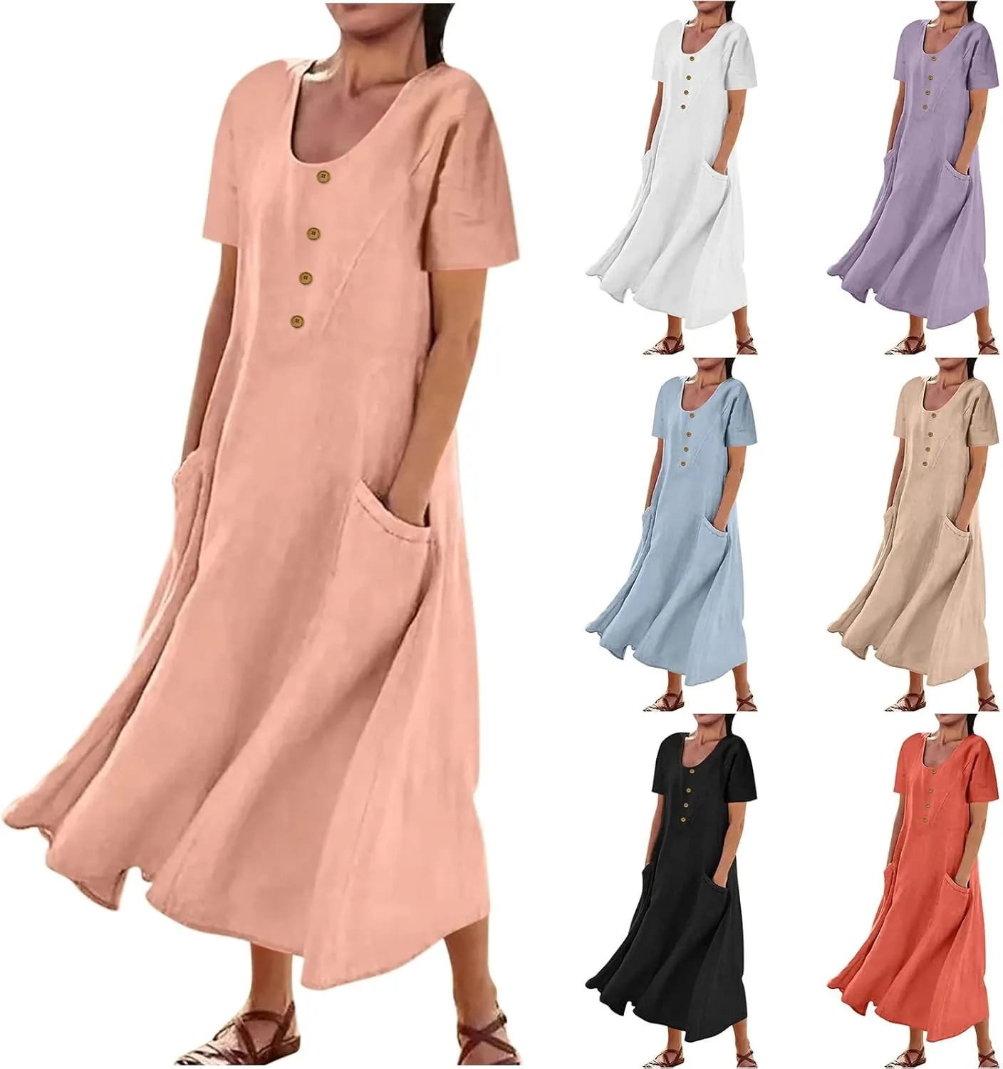 Linen Dress for Women Loose Short Sleeve Button Down Maxi Sundress Summer Comfy Solid Color Ruffle Flowy Dresses