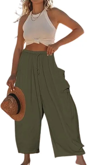 Linen Pants Casual Lightweight Loose Fit Wide Leg Harem Pants with Drawstring with Large Pockets for Home Travel Beach