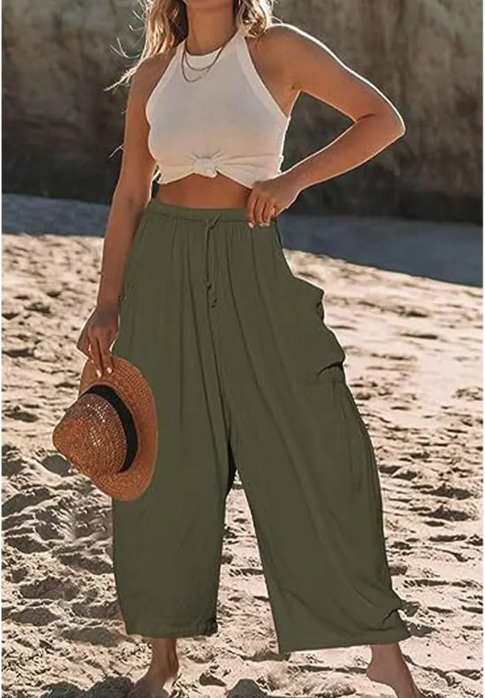 Linen Pants Casual Lightweight Loose Fit Wide Leg Harem Pants with Drawstring with Large Pockets for Home Travel Beach