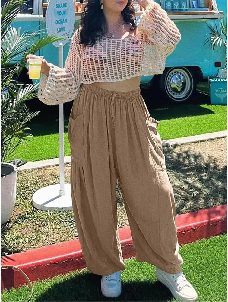 Linen Pants Casual Lightweight Loose Fit Wide Leg Harem Pants with Drawstring with Large Pockets for Home Travel Beach