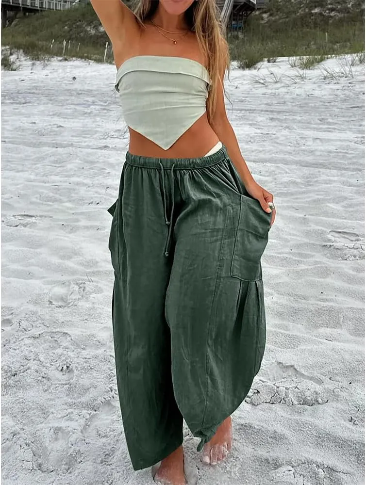 Linen Pants Casual Lightweight Loose Fit Wide Leg Harem Pants with Drawstring with Large Pockets for Home Travel Beach