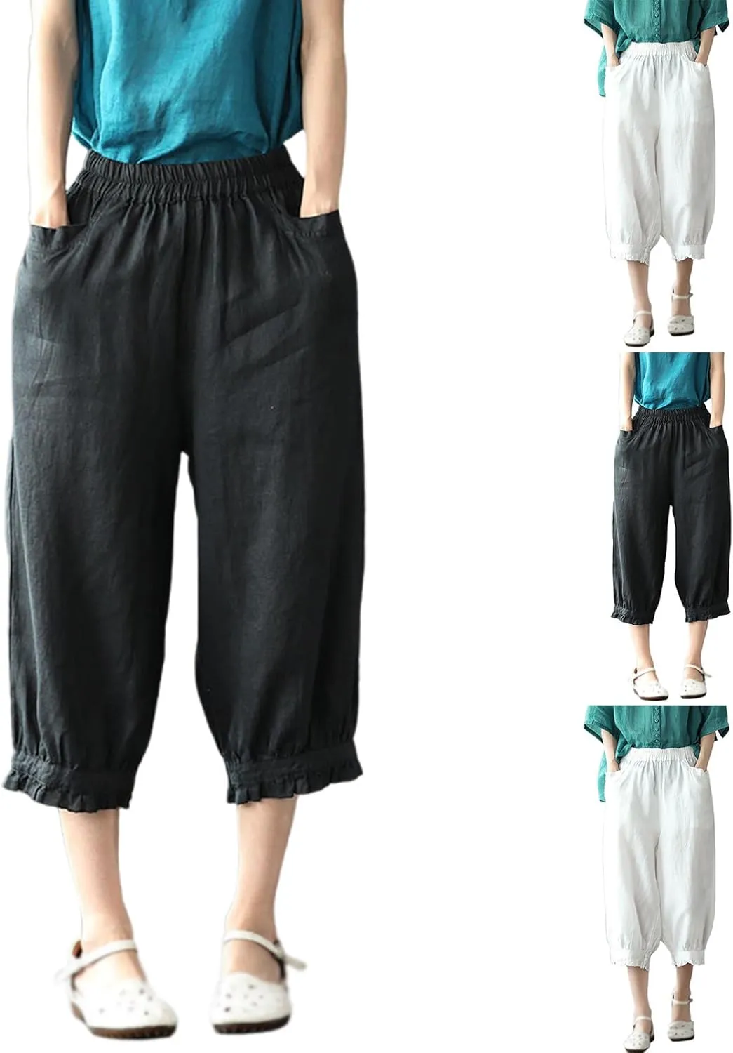 Linen Pants for Women Elastic High Waist Casual Solid Loose Pant Ruffle Cropped Summer Pant 3/4 Trousers with Pockets