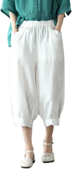Linen Pants for Women Elastic High Waist Casual Solid Loose Pant Ruffle Cropped Summer Pant 3/4 Trousers with Pockets