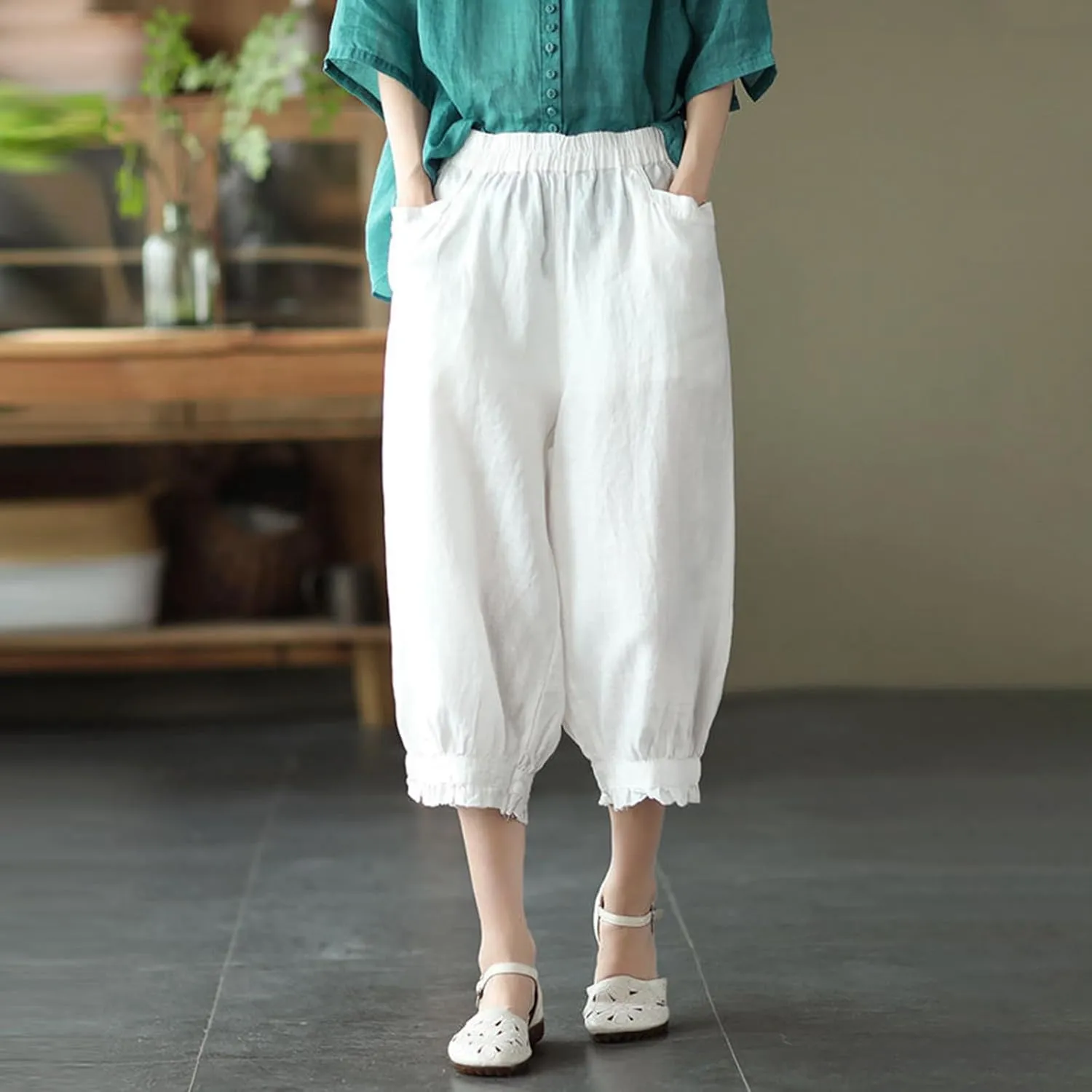 Linen Pants for Women Elastic High Waist Casual Solid Loose Pant Ruffle Cropped Summer Pant 3/4 Trousers with Pockets