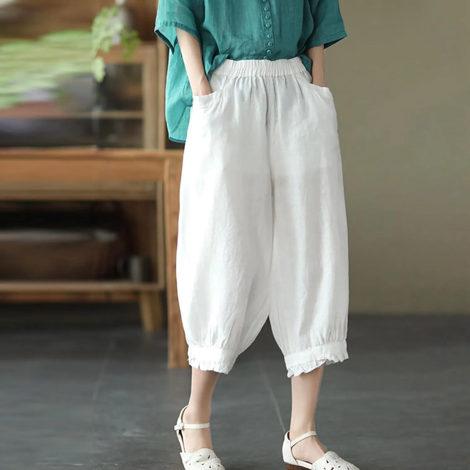 Linen Pants for Women Elastic High Waist Casual Solid Loose Pant Ruffle Cropped Summer Pant 3/4 Trousers with Pockets