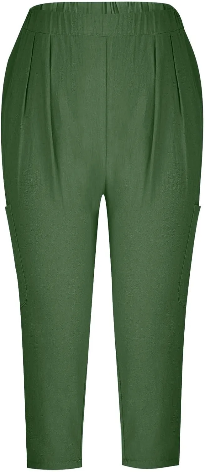 Linen Pants Women Casual 2025 Summer Elastic Waist Pull on Capri Pants Pull on Straight Leg Cropped Pants with Pockets