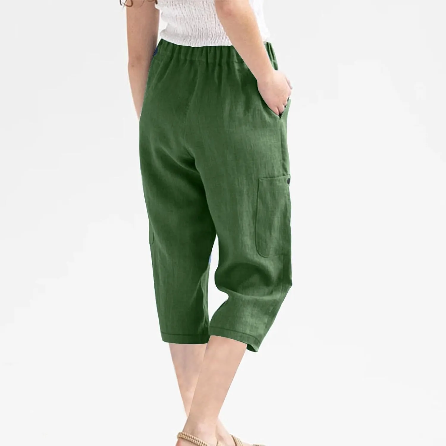 Linen Pants Women Casual 2025 Summer Elastic Waist Pull on Capri Pants Pull on Straight Leg Cropped Pants with Pockets