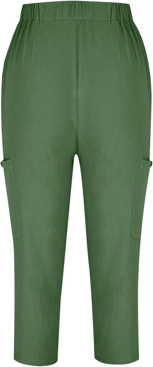 Linen Pants Women Casual 2025 Summer Elastic Waist Pull on Capri Pants Pull on Straight Leg Cropped Pants with Pockets