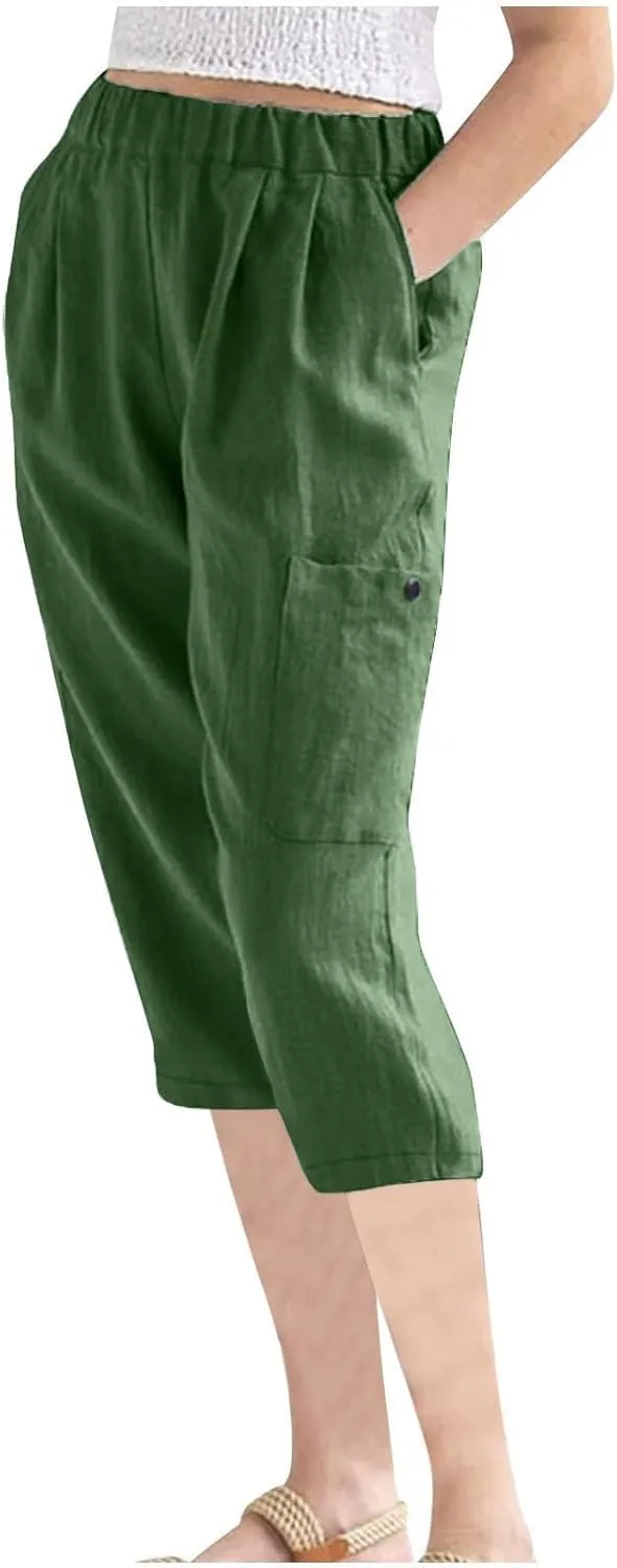 Linen Pants Women Casual 2025 Summer Elastic Waist Pull on Capri Pants Pull on Straight Leg Cropped Pants with Pockets