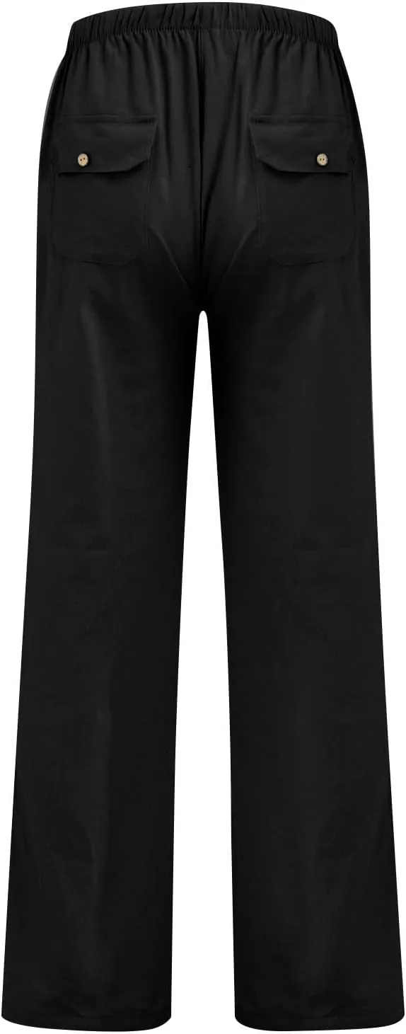 Linen Pants Women Elastic High Waisted Drawstring Wide Leg Trousers Baggy Flowy Palazzo Lounge Pants with Pockets
