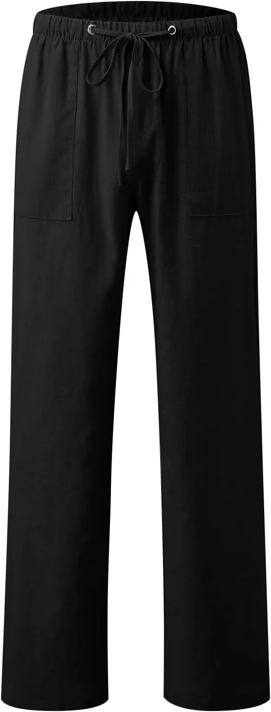 Linen Pants Women Elastic High Waisted Drawstring Wide Leg Trousers Baggy Flowy Palazzo Lounge Pants with Pockets