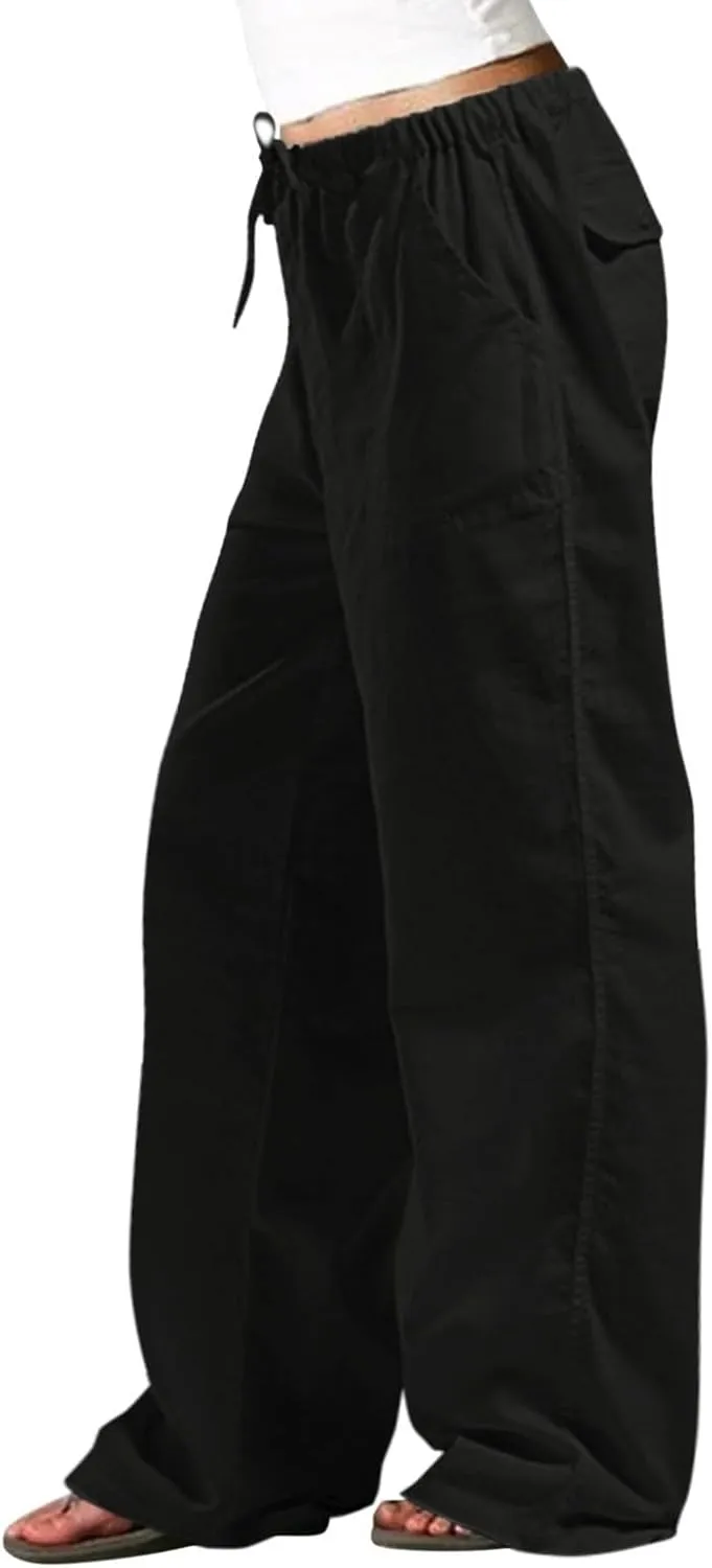 Linen Pants Women Elastic High Waisted Drawstring Wide Leg Trousers Baggy Flowy Palazzo Lounge Pants with Pockets