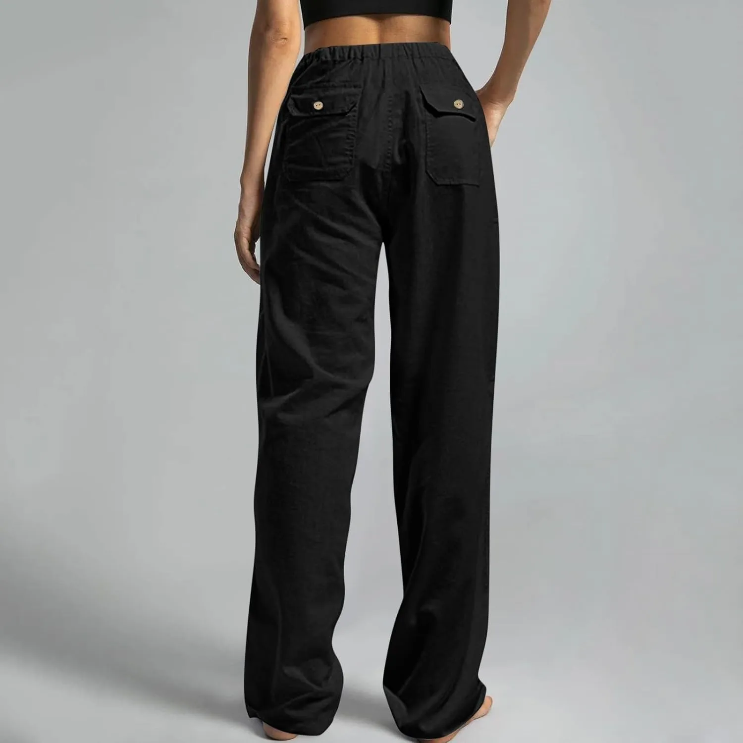 Linen Pants Women Elastic High Waisted Drawstring Wide Leg Trousers Baggy Flowy Palazzo Lounge Pants with Pockets