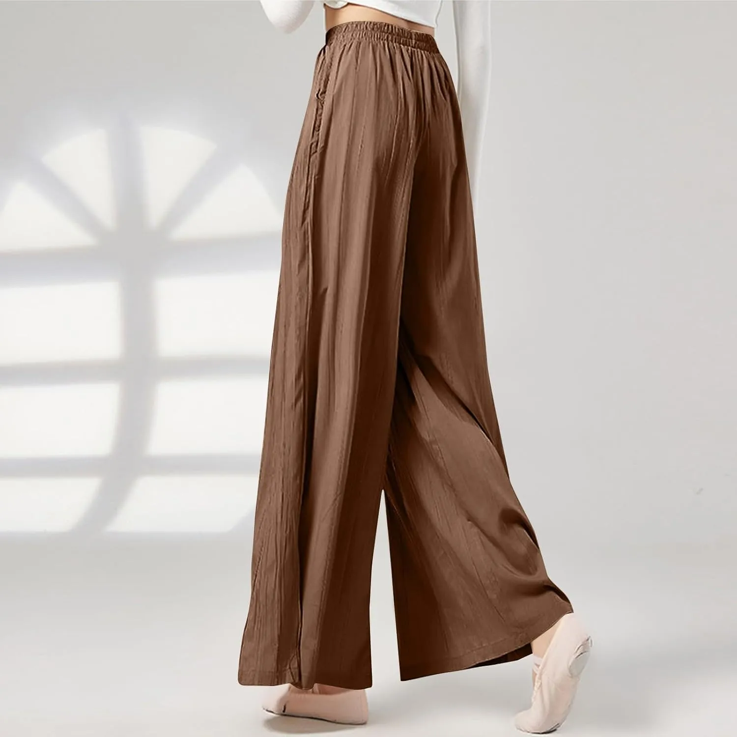 Linen Pants Women Elastic High Waisted Pull on Palazzo Pants with Pockets Casual Loose Fit Flowy Summer Beach Trouser