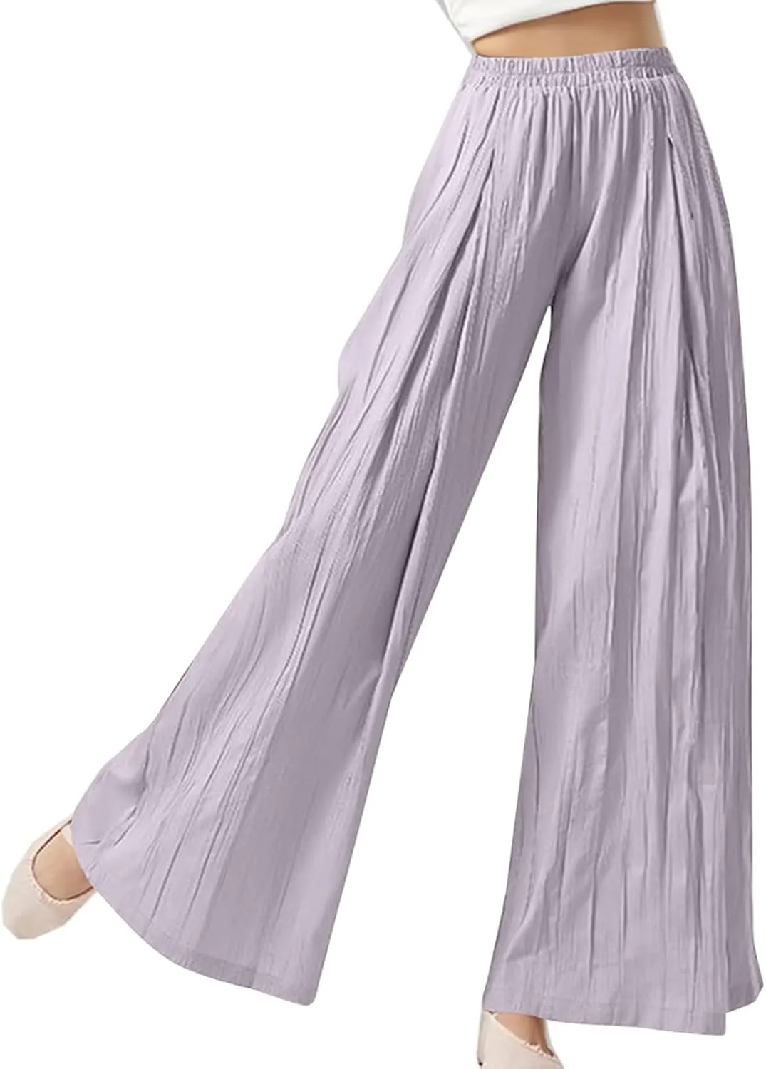 Linen Pants Women Elastic High Waisted Pull on Palazzo Pants with Pockets Casual Loose Fit Flowy Summer Beach Trouser