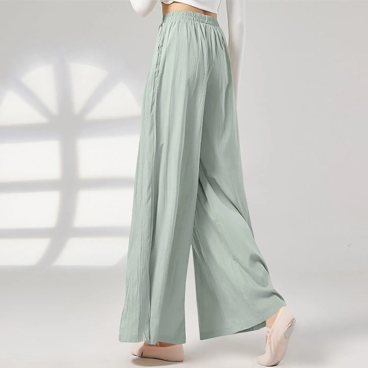 Linen Pants Women Elastic High Waisted Pull on Palazzo Pants with Pockets Casual Loose Fit Flowy Summer Beach Trouser