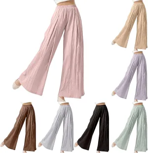 Linen Pants Women Elastic High Waisted Pull on Palazzo Pants with Pockets Casual Loose Fit Flowy Summer Beach Trouser