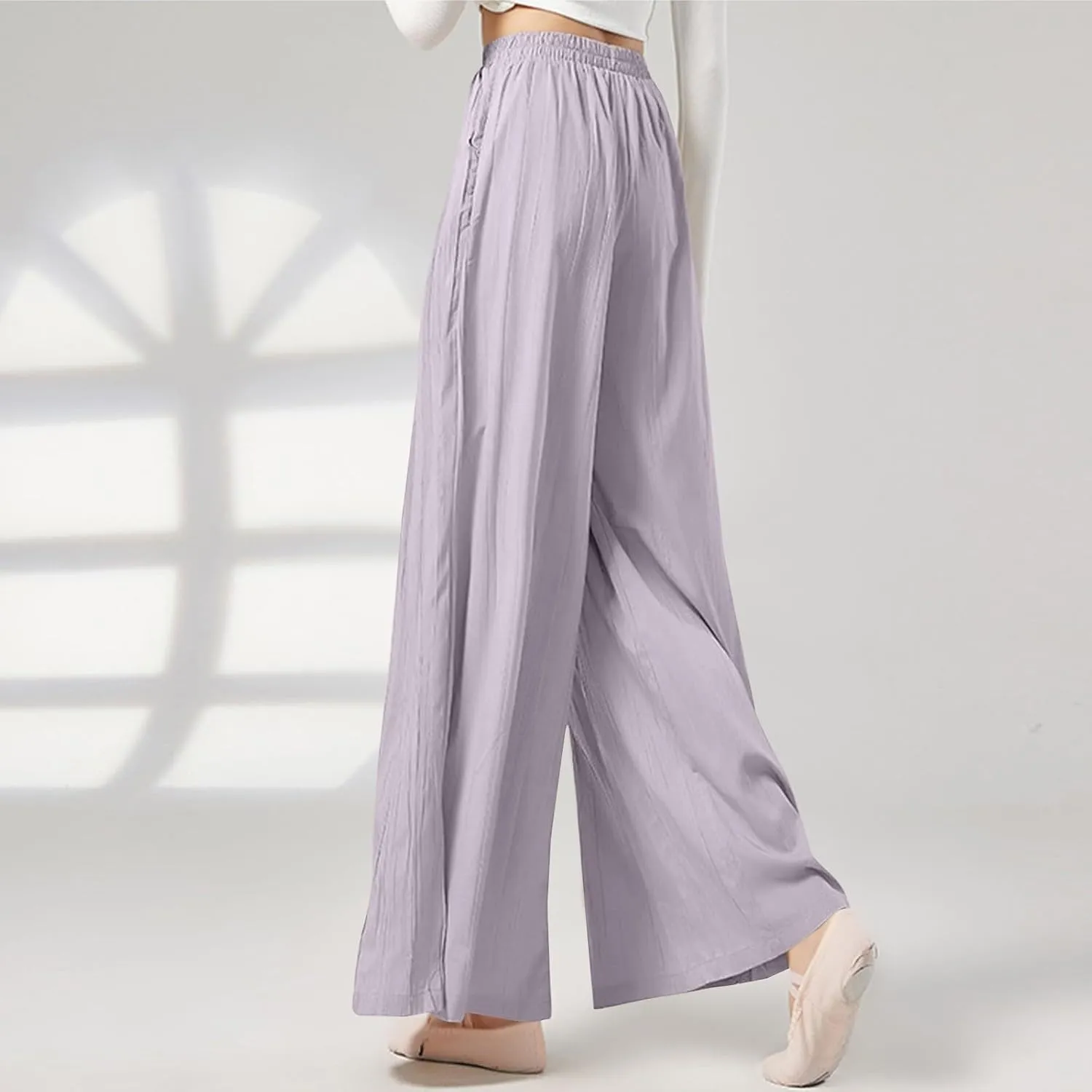Linen Pants Women Elastic High Waisted Pull on Palazzo Pants with Pockets Casual Loose Fit Flowy Summer Beach Trouser