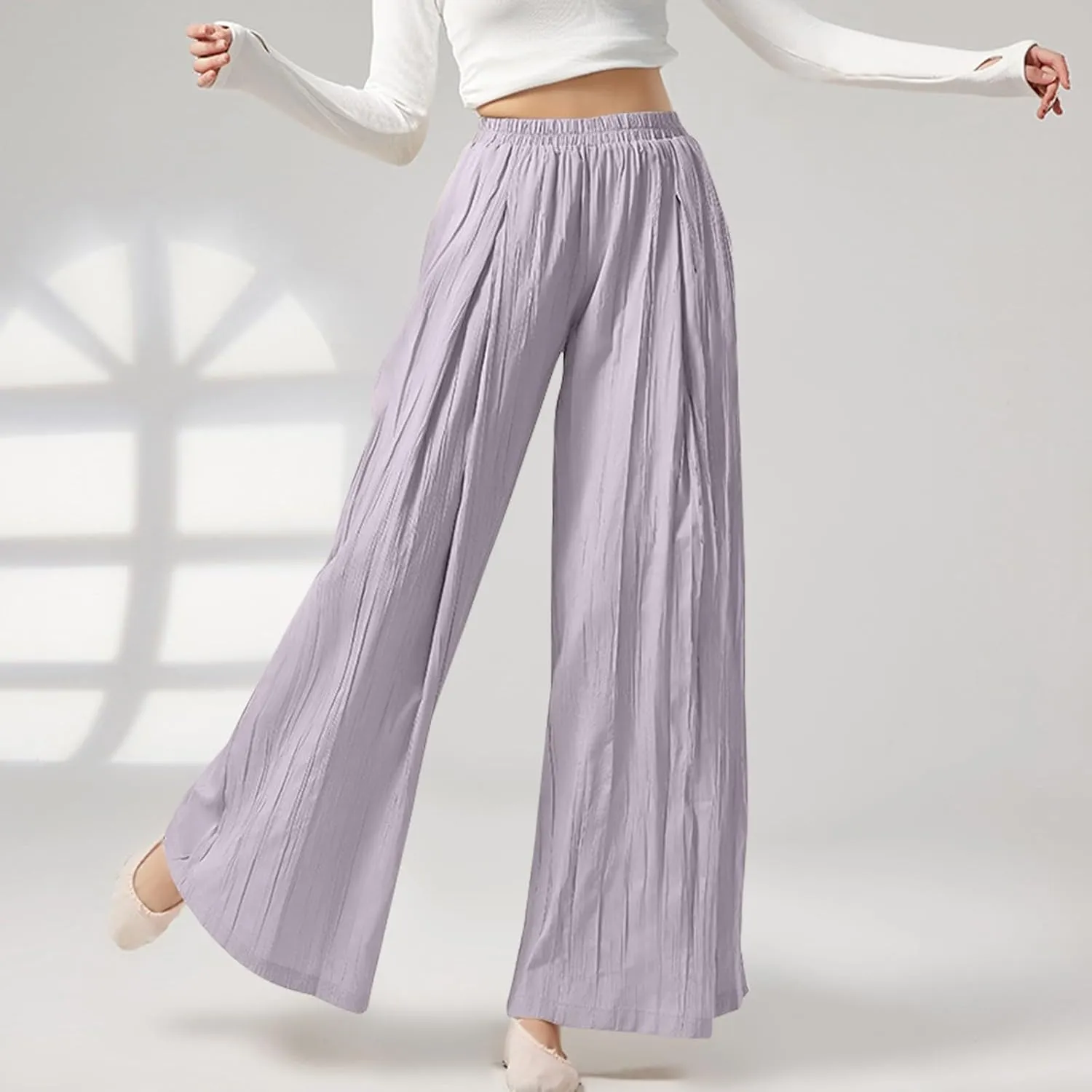 Linen Pants Women Elastic High Waisted Pull on Palazzo Pants with Pockets Casual Loose Fit Flowy Summer Beach Trouser