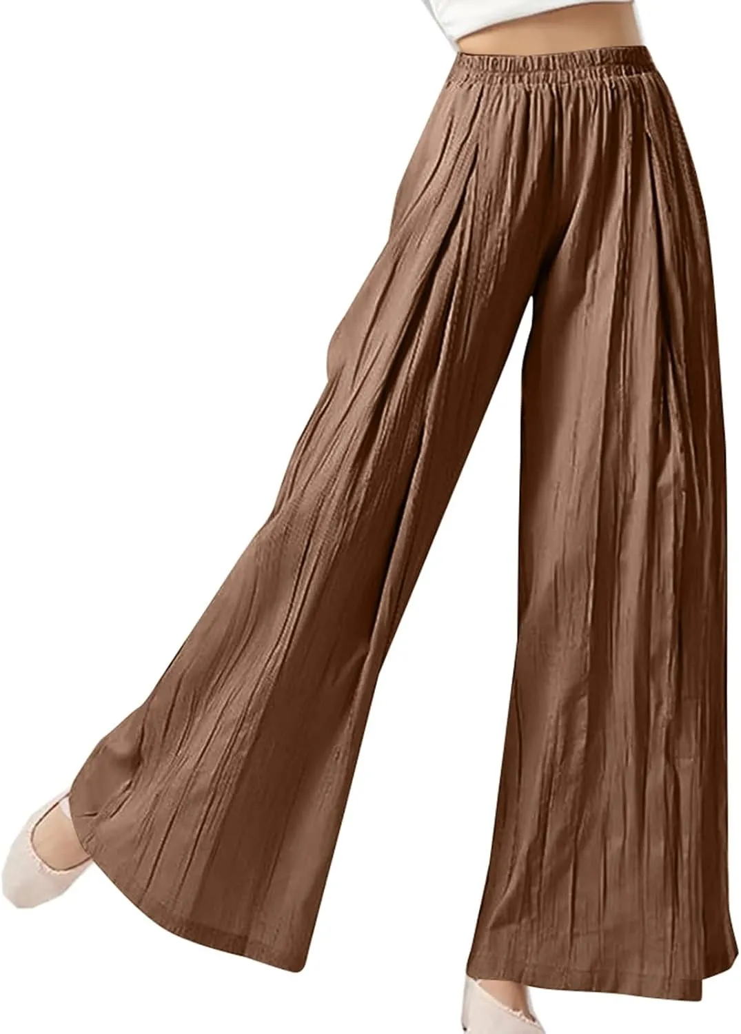 Linen Pants Women Elastic High Waisted Pull on Palazzo Pants with Pockets Casual Loose Fit Flowy Summer Beach Trouser
