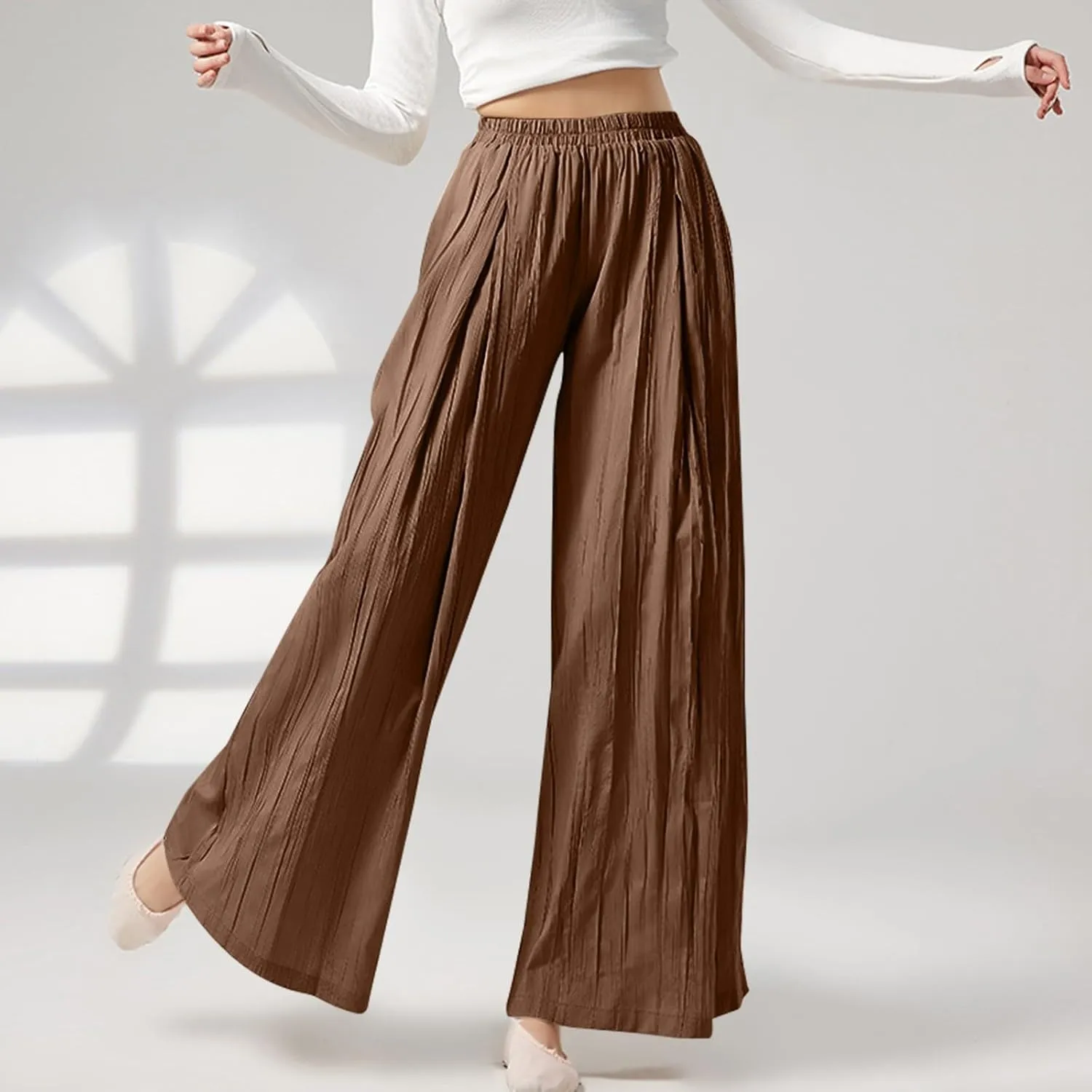 Linen Pants Women Elastic High Waisted Pull on Palazzo Pants with Pockets Casual Loose Fit Flowy Summer Beach Trouser