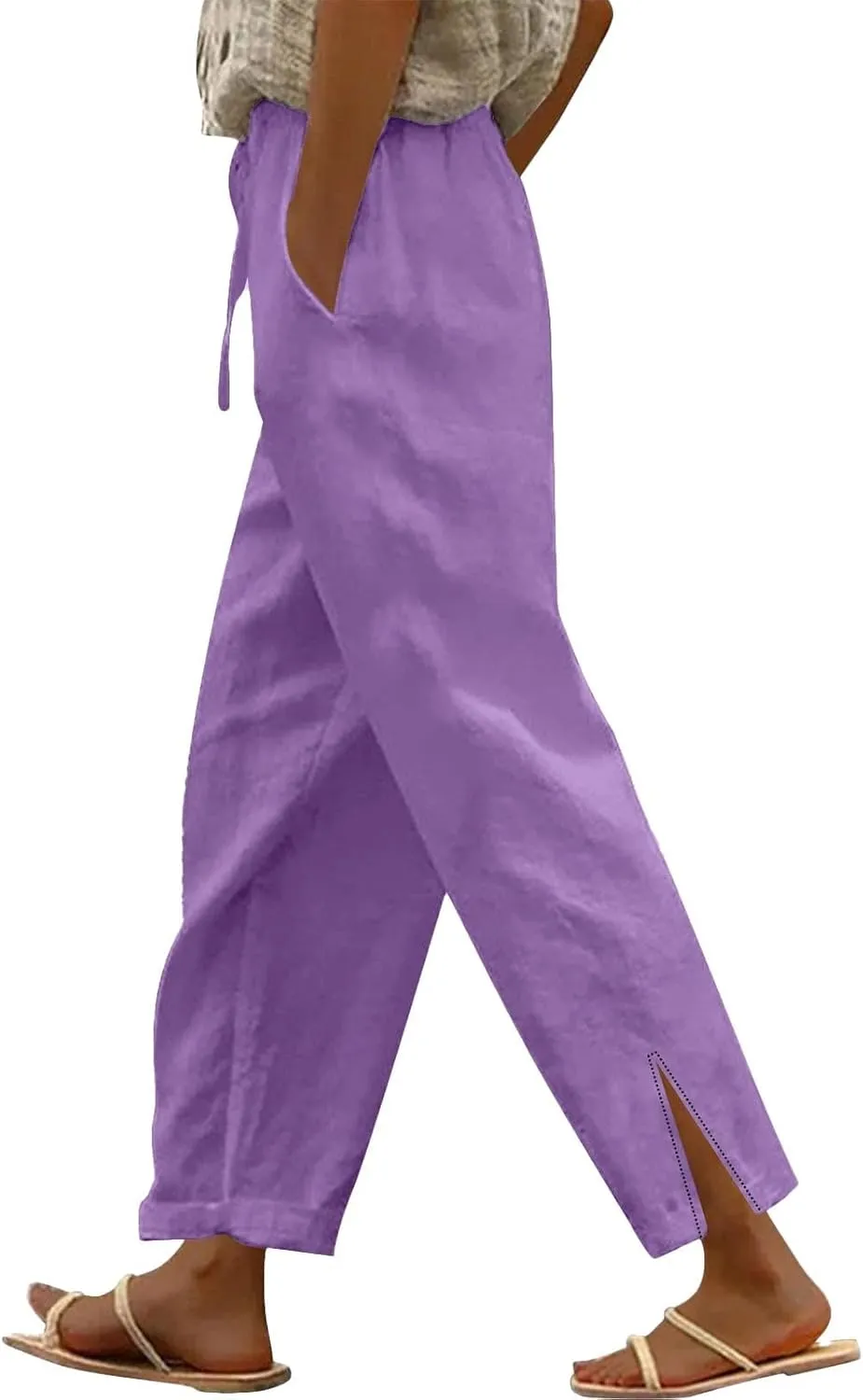 Linen Pants Women High Waisted Beach Pants Loose Lightweight Wide Leg Trousers with Pockets Workout Vacation Capris