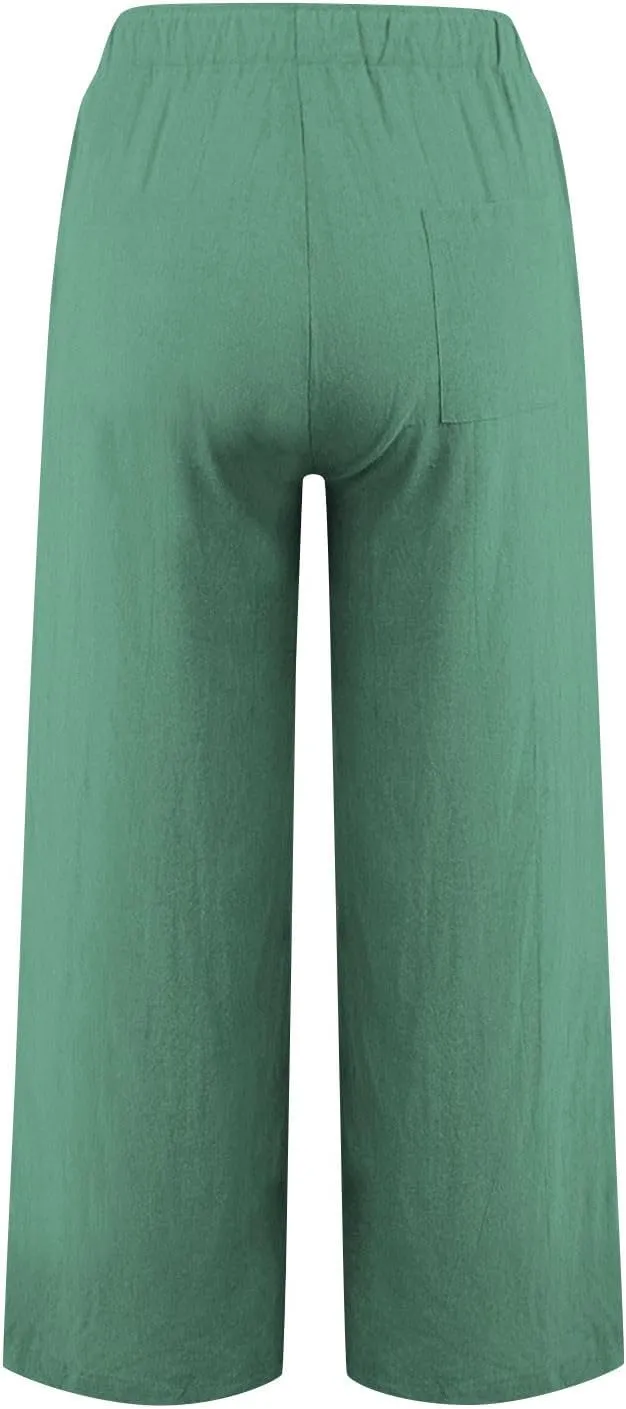 Linen Pants Women High Waisted Drawstring Palazzo Pants 2025 Flowy Wide Leg Trouser with Pockets Beach Vacation Clothes