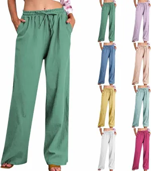 Linen Pants Women High Waisted Drawstring Palazzo Pants 2025 Flowy Wide Leg Trouser with Pockets Beach Vacation Clothes