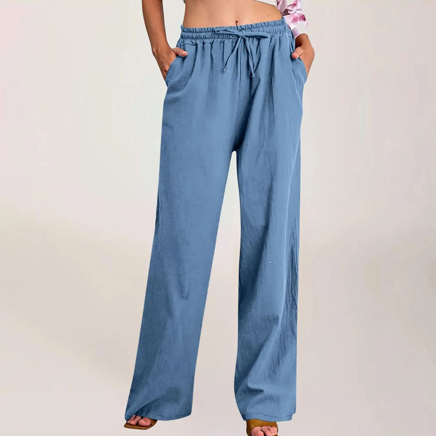 Linen Pants Women High Waisted Drawstring Palazzo Pants 2025 Flowy Wide Leg Trouser with Pockets Beach Vacation Clothes