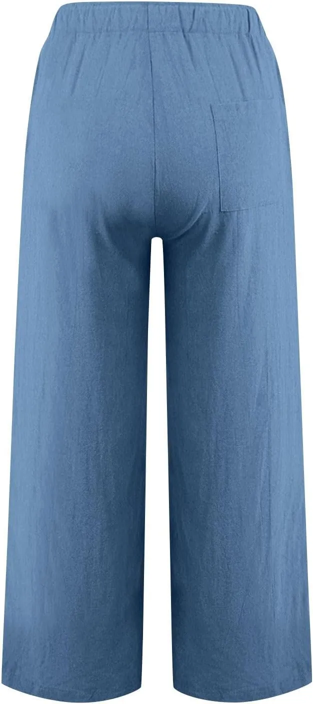 Linen Pants Women High Waisted Drawstring Palazzo Pants 2025 Flowy Wide Leg Trouser with Pockets Beach Vacation Clothes