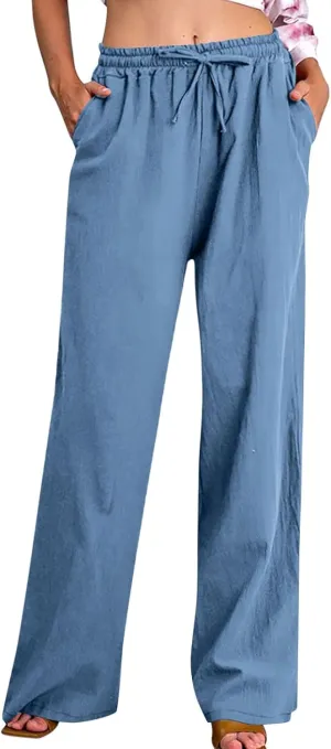 Linen Pants Women High Waisted Drawstring Palazzo Pants 2025 Flowy Wide Leg Trouser with Pockets Beach Vacation Clothes