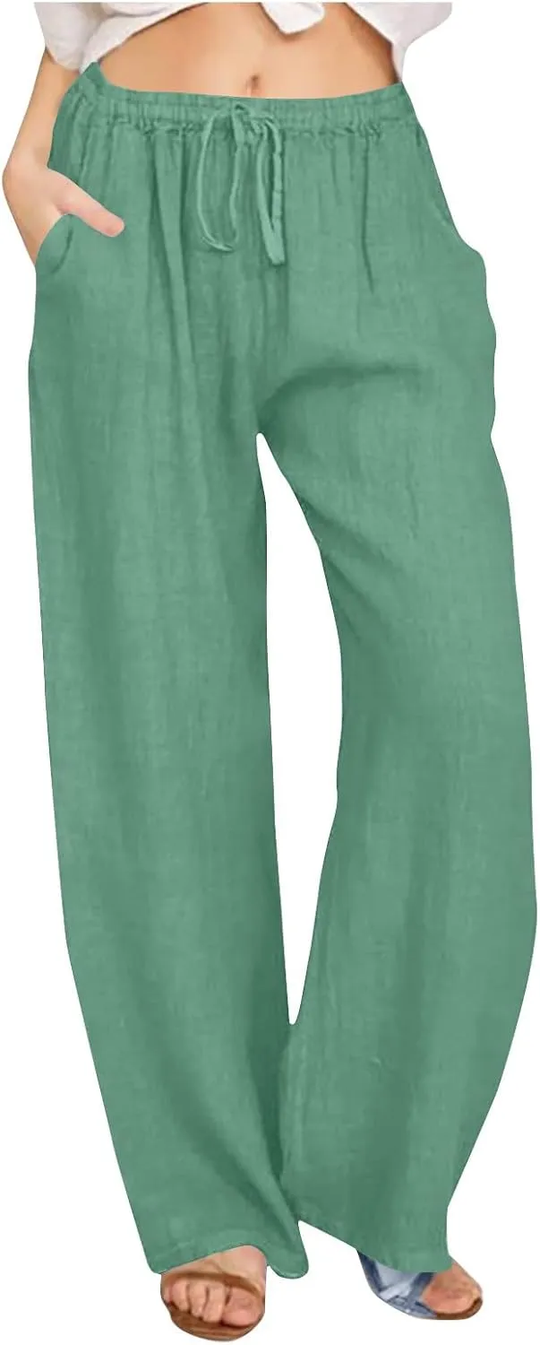 Linen Pants Women High Waisted Drawstring Palazzo Pants 2025 Flowy Wide Leg Trouser with Pockets Beach Vacation Clothes