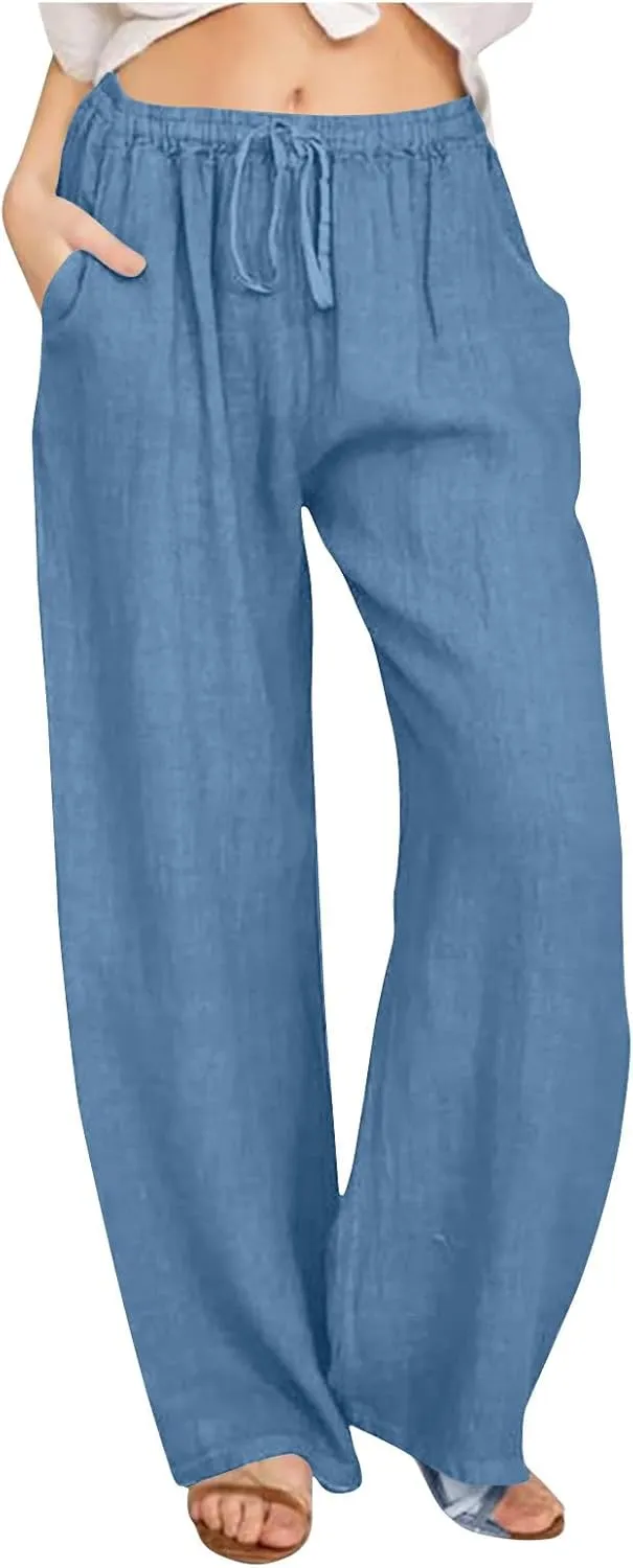 Linen Pants Women High Waisted Drawstring Palazzo Pants 2025 Flowy Wide Leg Trouser with Pockets Beach Vacation Clothes