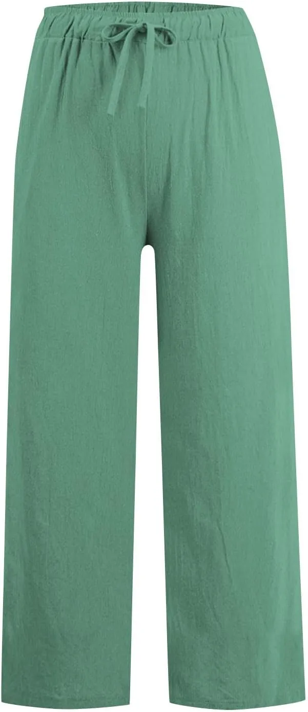 Linen Pants Women High Waisted Drawstring Palazzo Pants 2025 Flowy Wide Leg Trouser with Pockets Beach Vacation Clothes