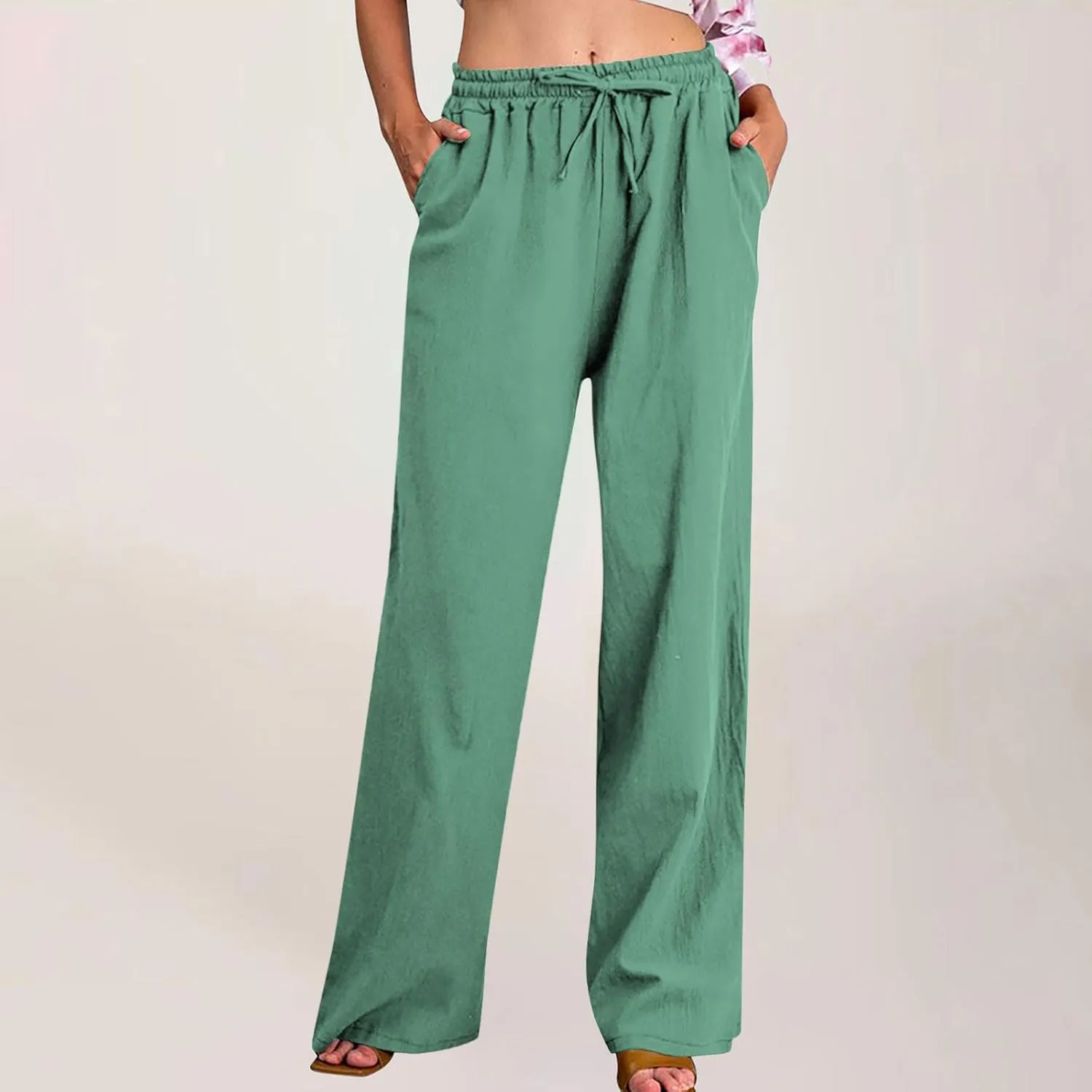 Linen Pants Women High Waisted Drawstring Palazzo Pants 2025 Flowy Wide Leg Trouser with Pockets Beach Vacation Clothes