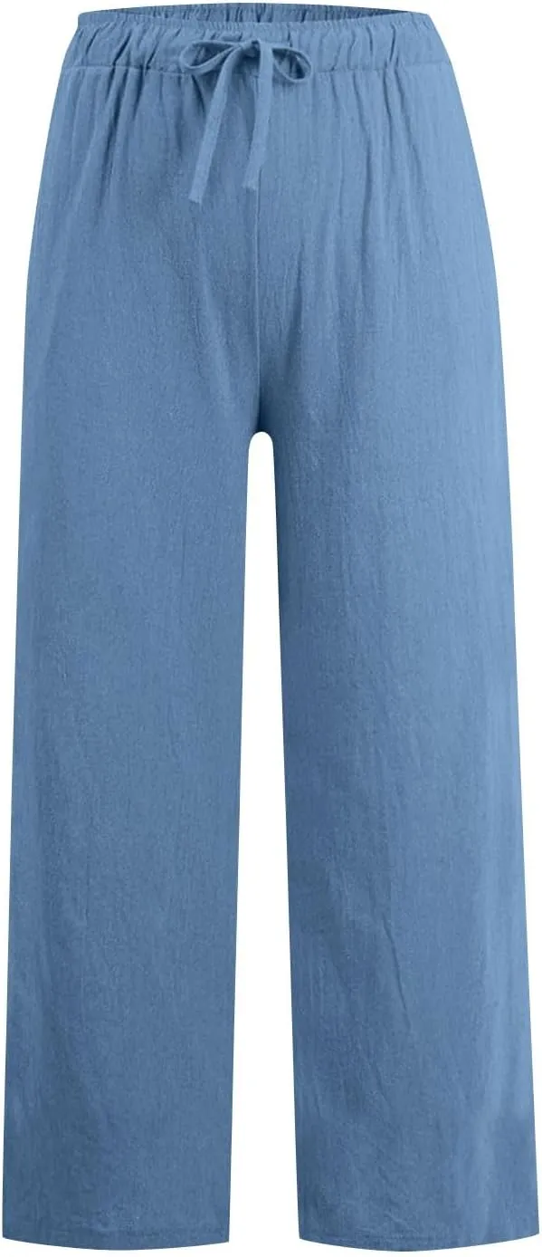 Linen Pants Women High Waisted Drawstring Palazzo Pants 2025 Flowy Wide Leg Trouser with Pockets Beach Vacation Clothes