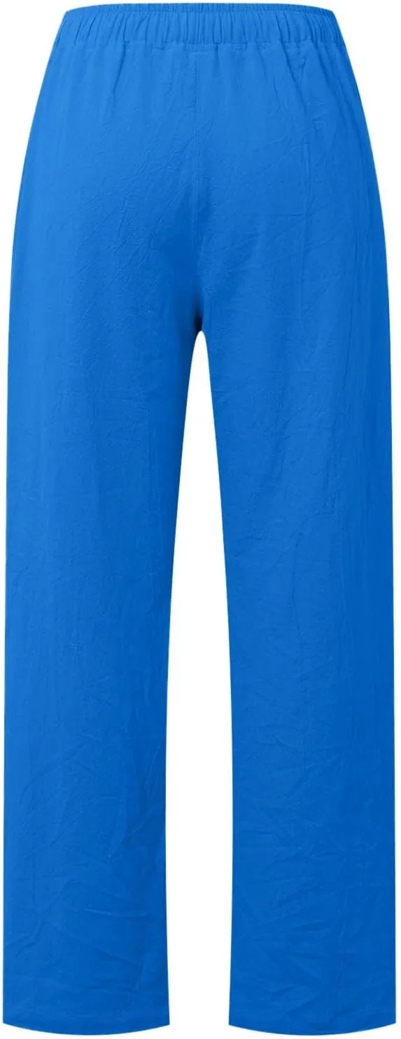 Linen Pants Women Summer Beach Pants Casual Lightweight Elastic Waisted Loose Stright Leg Lounge Pants Trousers with Pockets