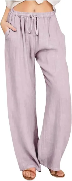 Linen Pants Women Summer Beach Pants Casual Lightweight Elastic Waisted Loose Stright Leg Lounge Pants Trousers with Pockets
