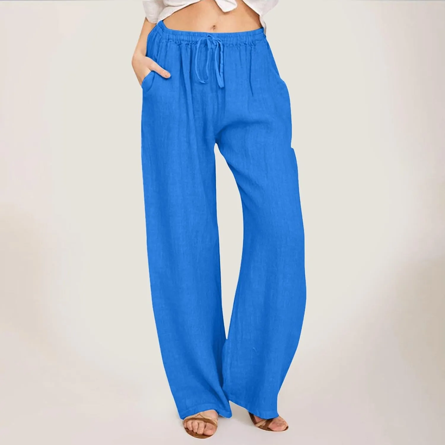 Linen Pants Women Summer Beach Pants Casual Lightweight Elastic Waisted Loose Stright Leg Lounge Pants Trousers with Pockets