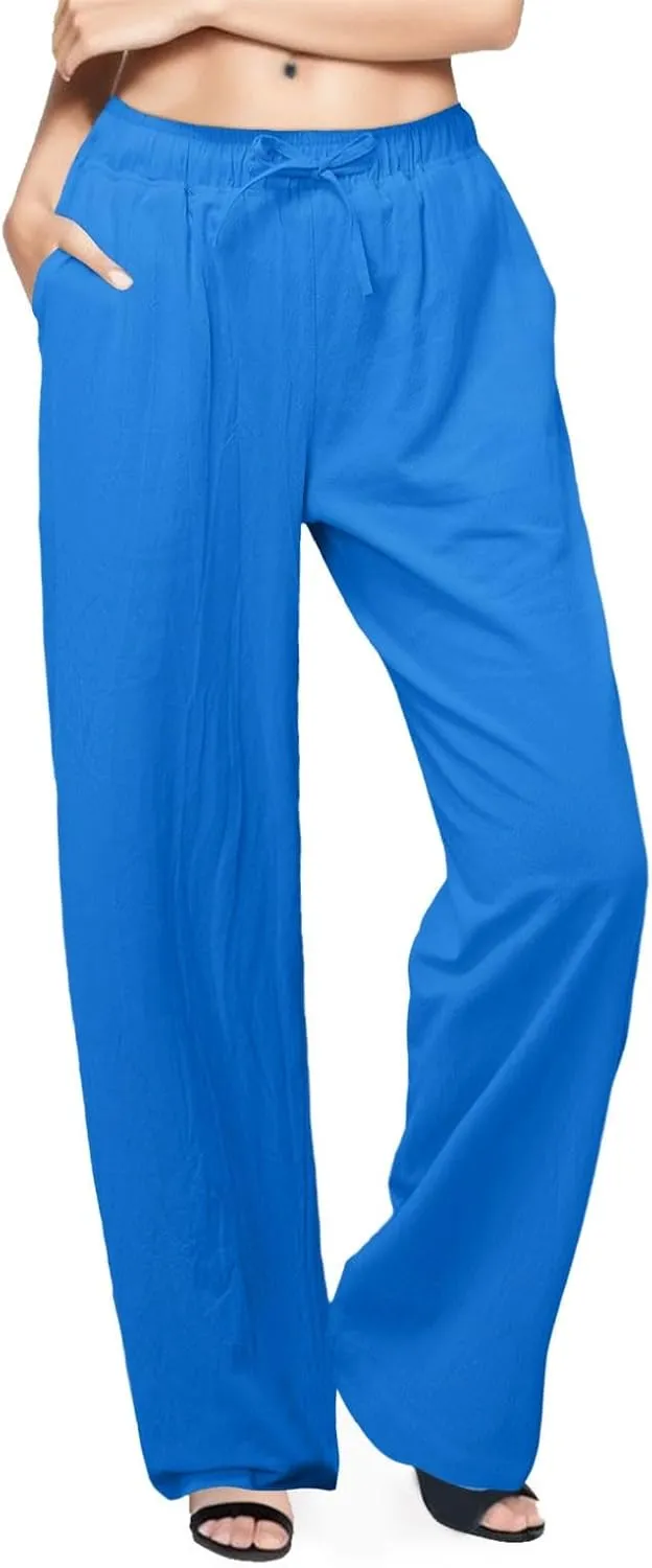 Linen Pants Women Summer Beach Pants Casual Lightweight Elastic Waisted Loose Stright Leg Lounge Pants Trousers with Pockets