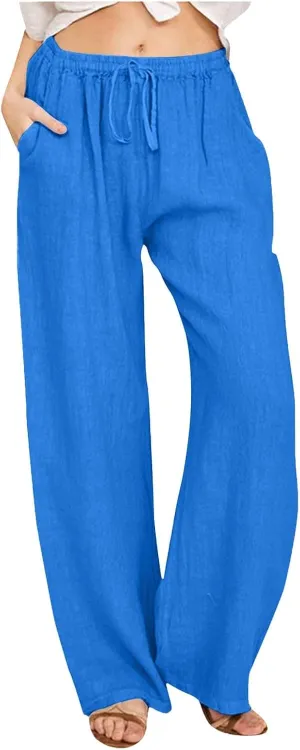 Linen Pants Women Summer Beach Pants Casual Lightweight Elastic Waisted Loose Stright Leg Lounge Pants Trousers with Pockets