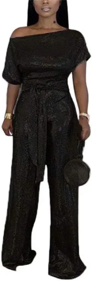 LKOUS Women's Evening Sparkly Jumpsuits Off Shoulder Short Sleeve Party Sequins Rompers High Waisted Wide Leg Pants Suit