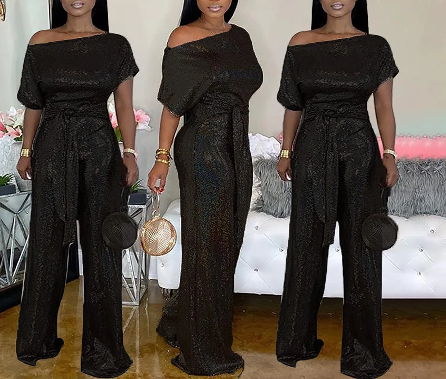LKOUS Women's Evening Sparkly Jumpsuits Off Shoulder Short Sleeve Party Sequins Rompers High Waisted Wide Leg Pants Suit